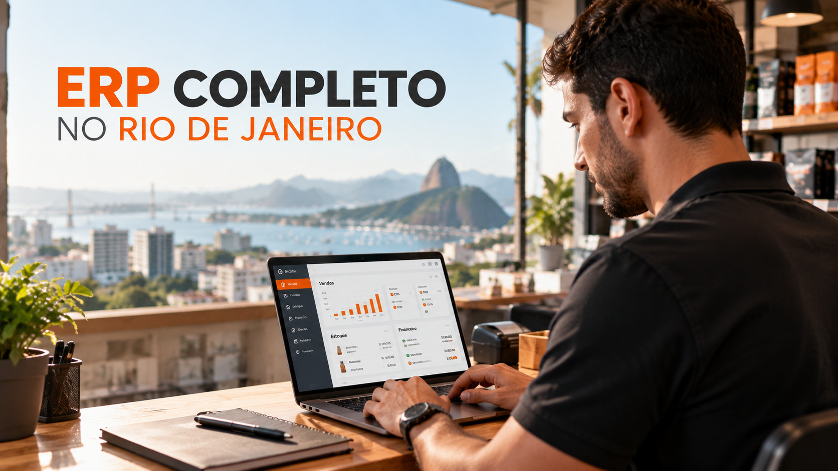 Empresário usando um sistema ERP em laptop em ambiente comercial com vista para o Rio de Janeiro