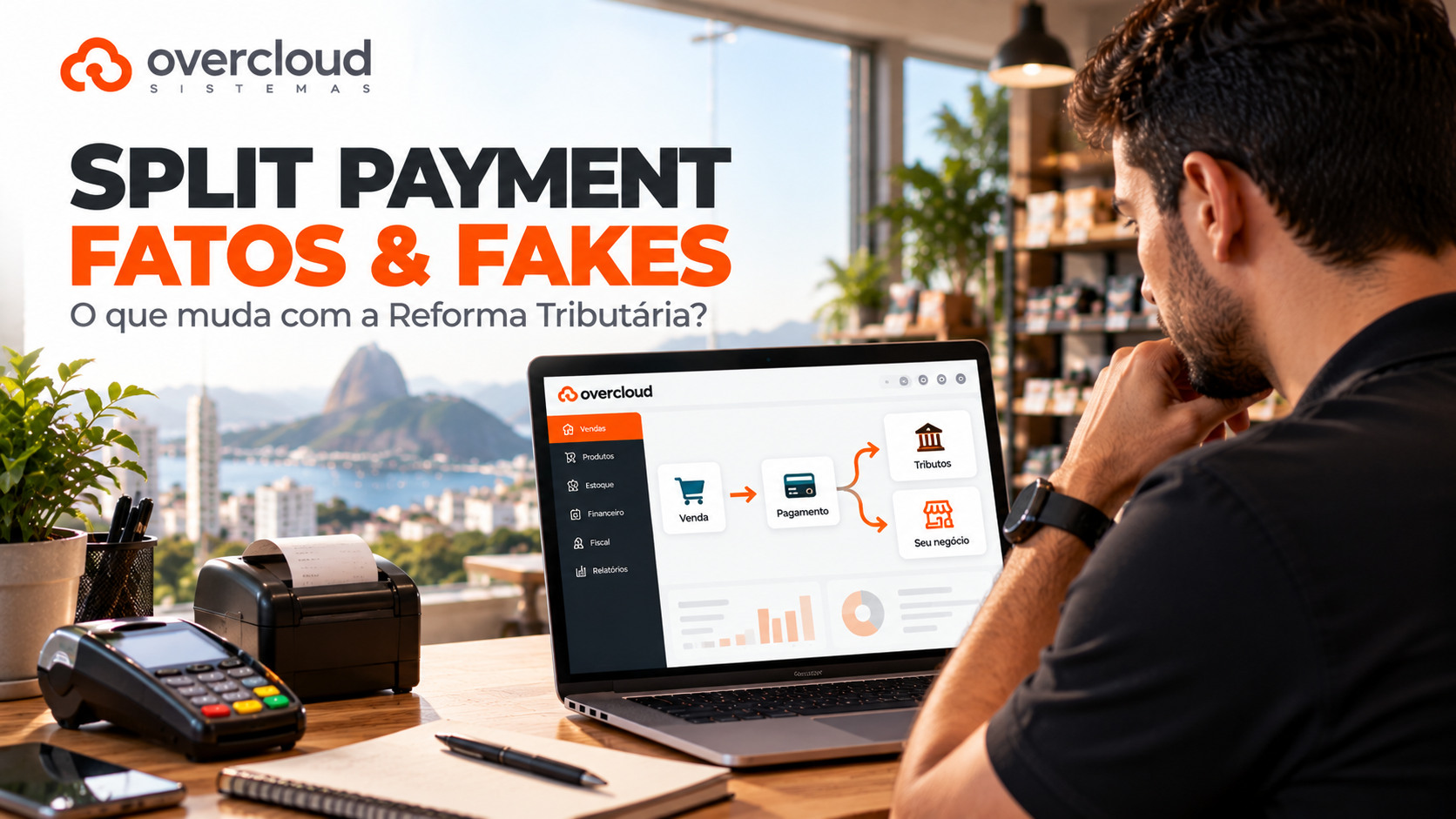 Split Payment: fatos e fakes sobre a Reforma Tributária, com profissional analisando um sistema de gestão