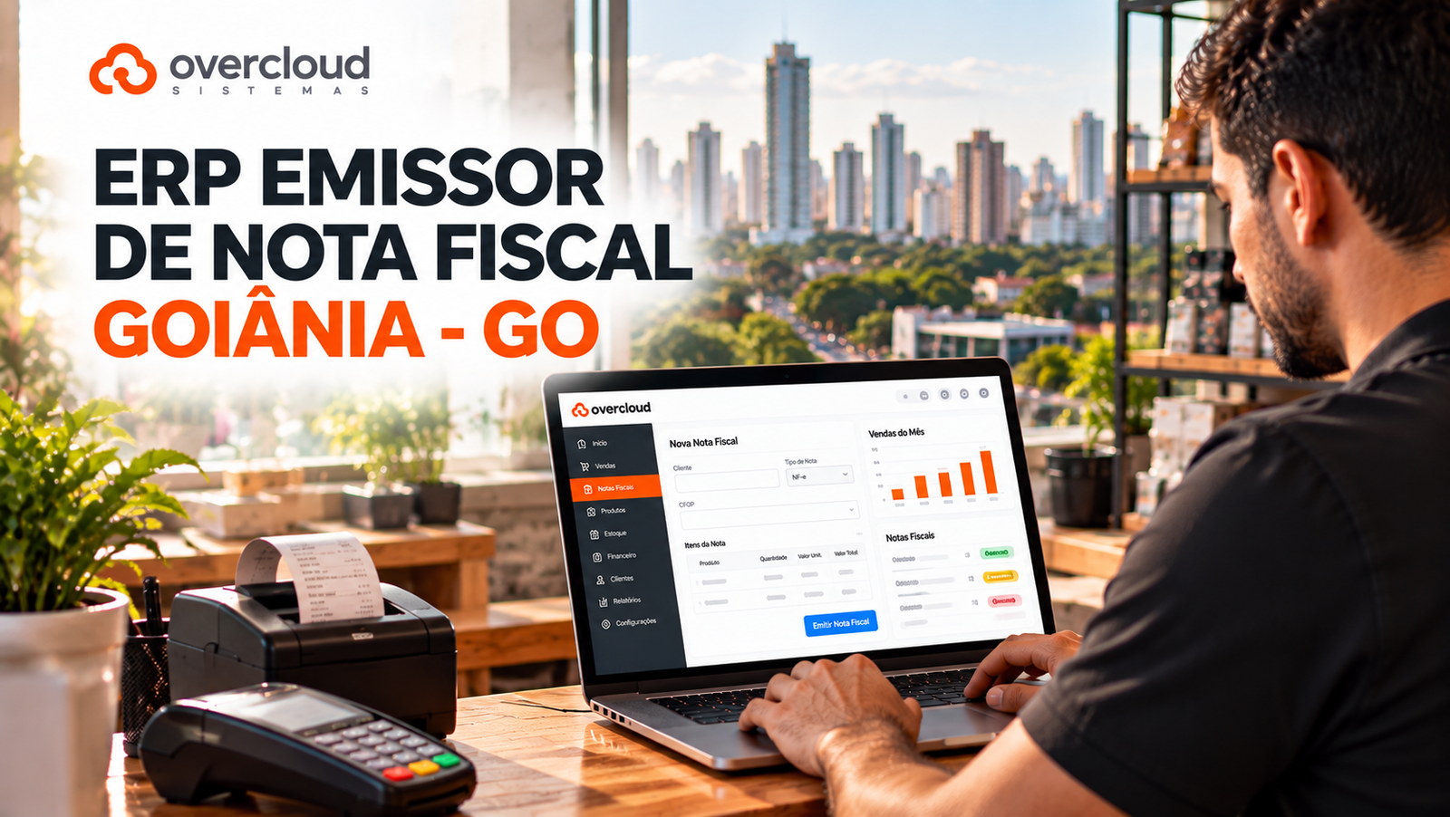 ERP emissor de nota fiscal em Goiânia: empresário usando sistema de gestão e faturamento