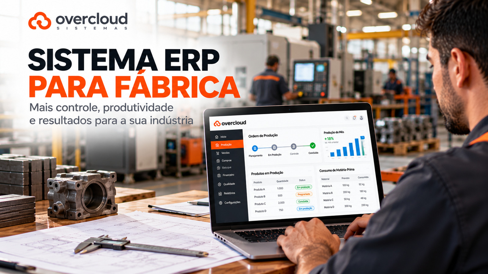 Profissional acompanha ordem de produção e consumo de matéria-prima em sistema ERP em uma fábrica