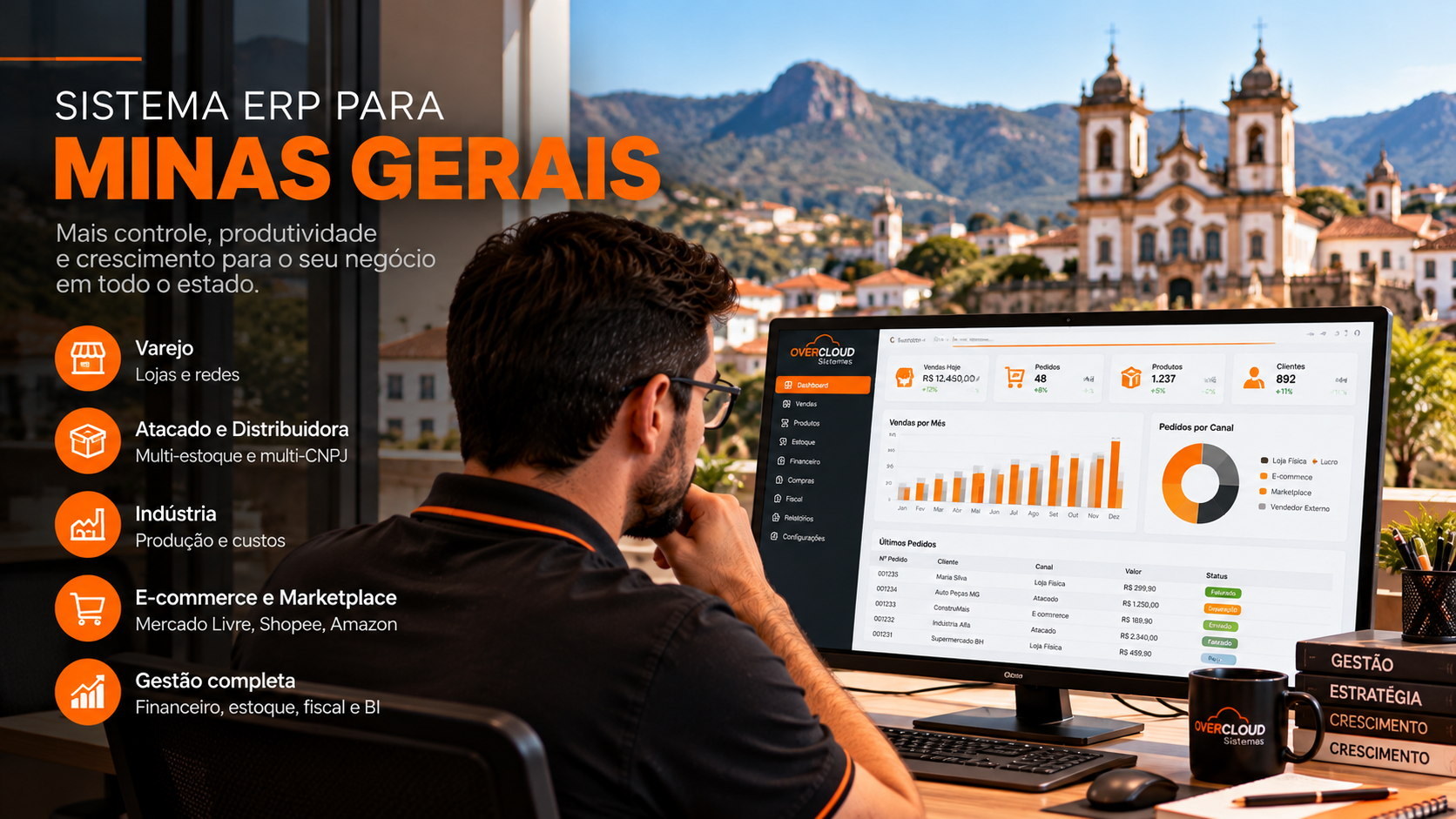 Empresário consulta uma nota fiscal eletrônica em computador em escritório com paisagem mineira ao fundo.