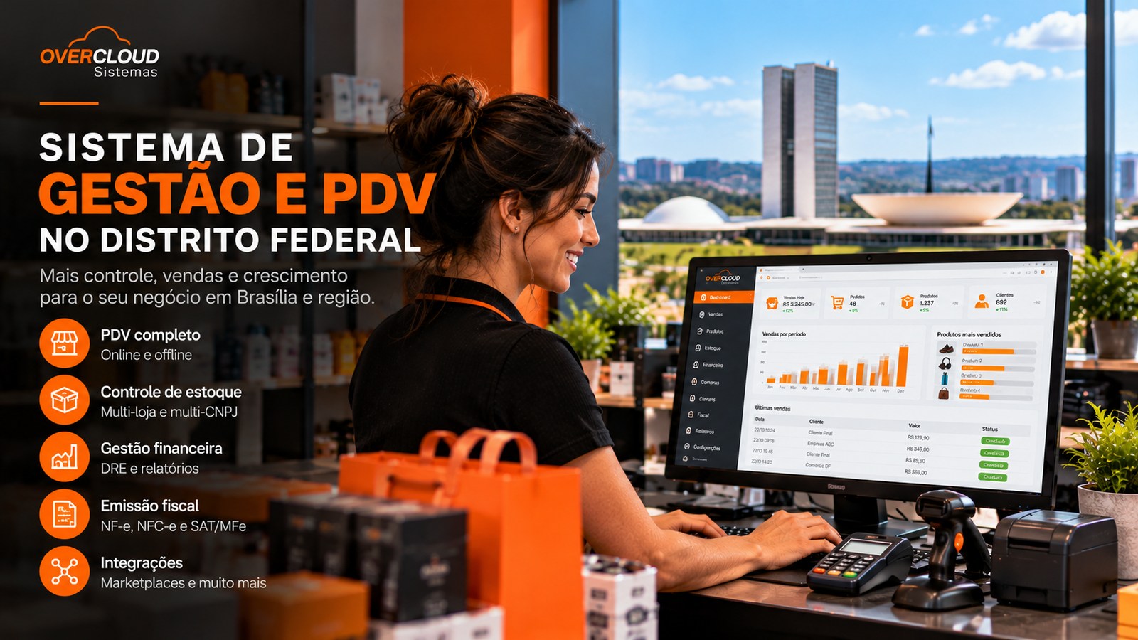 Comerciante utiliza sistema de gestão e PDV em loja moderna com Brasília ao fundo.