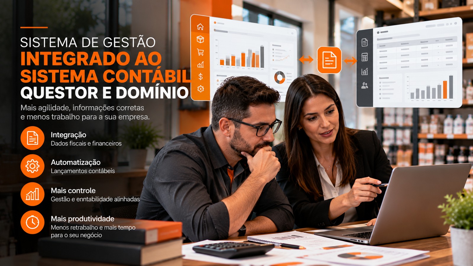 Profissionais analisam informações de gestão e contabilidade em sistemas integrados.