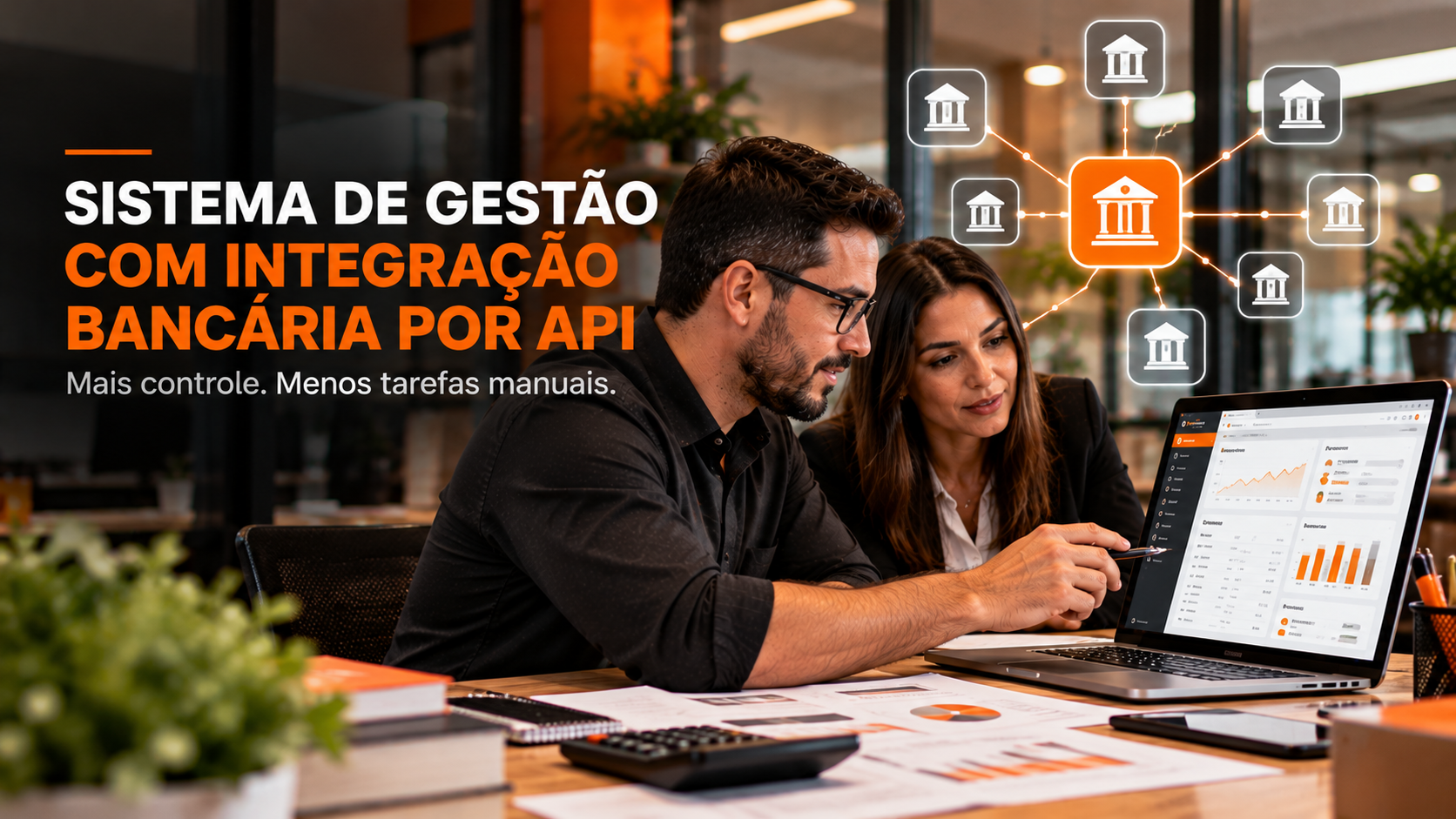 Profissionais analisam painel financeiro em sistema de gestão com integração bancária por API