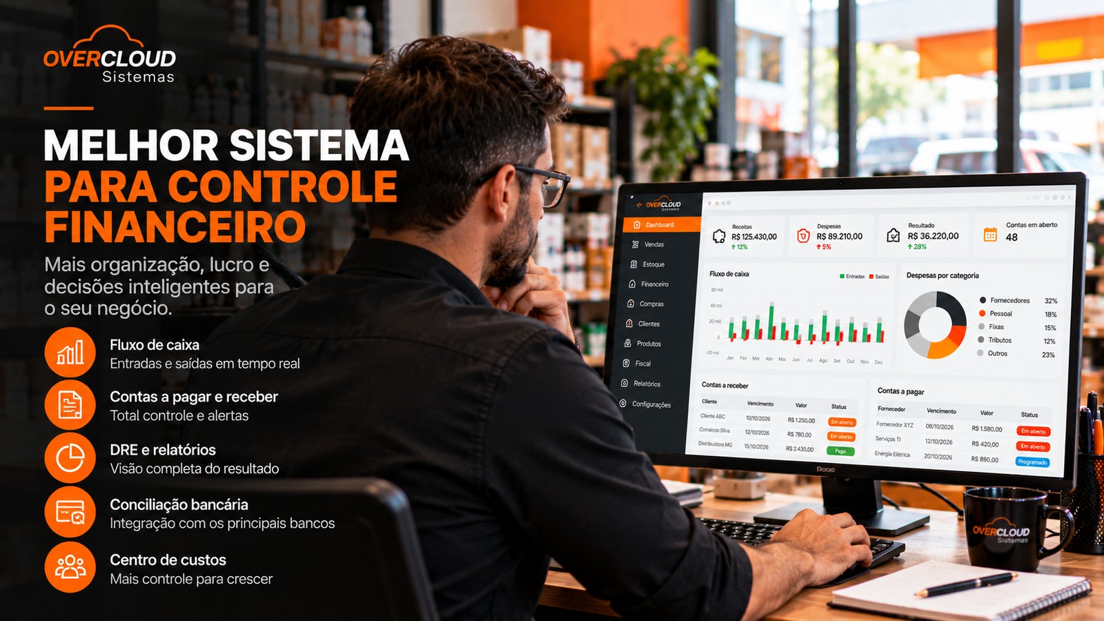 Empresário acompanha indicadores financeiros em um sistema de gestão empresarial