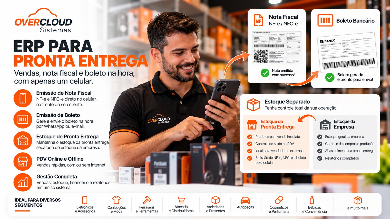 ERP para pronta entrega com emissão de nota fiscal e boleto pelo celular e estoque separado