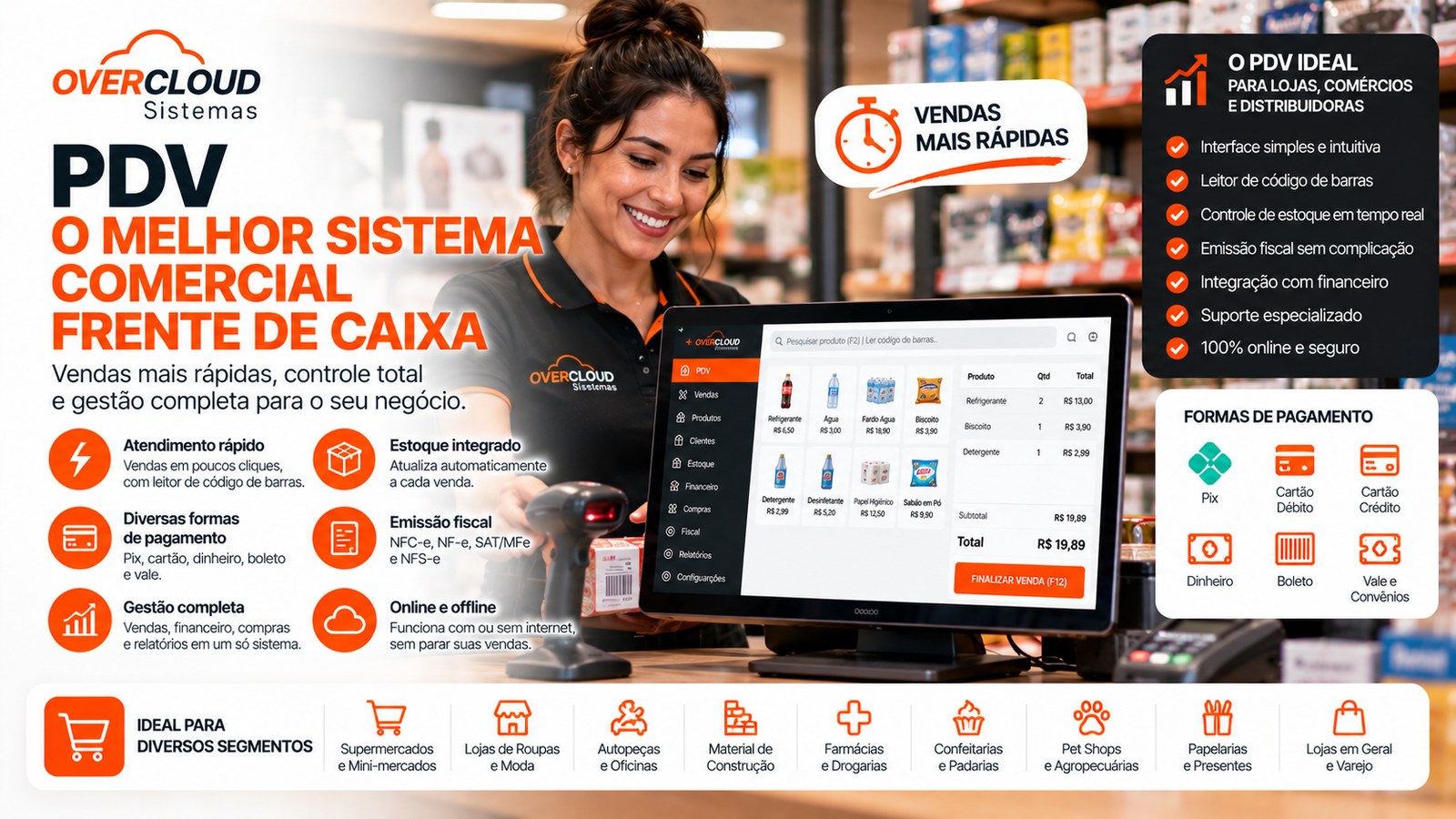 Sistema PDV comercial com frente de caixa e gestão integrada para lojas