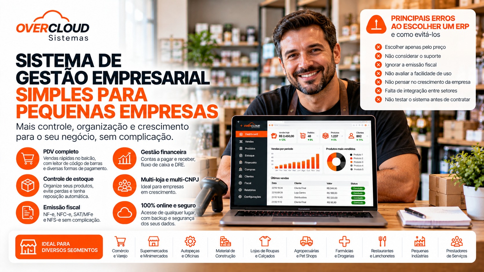 Empresário usando sistema de gestão empresarial em notebook na loja