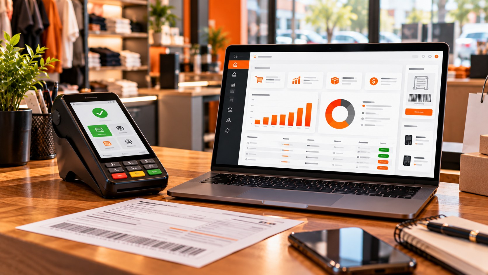 Maquininha de cartão ao lado de notebook com painel de vendas e gestão ERP