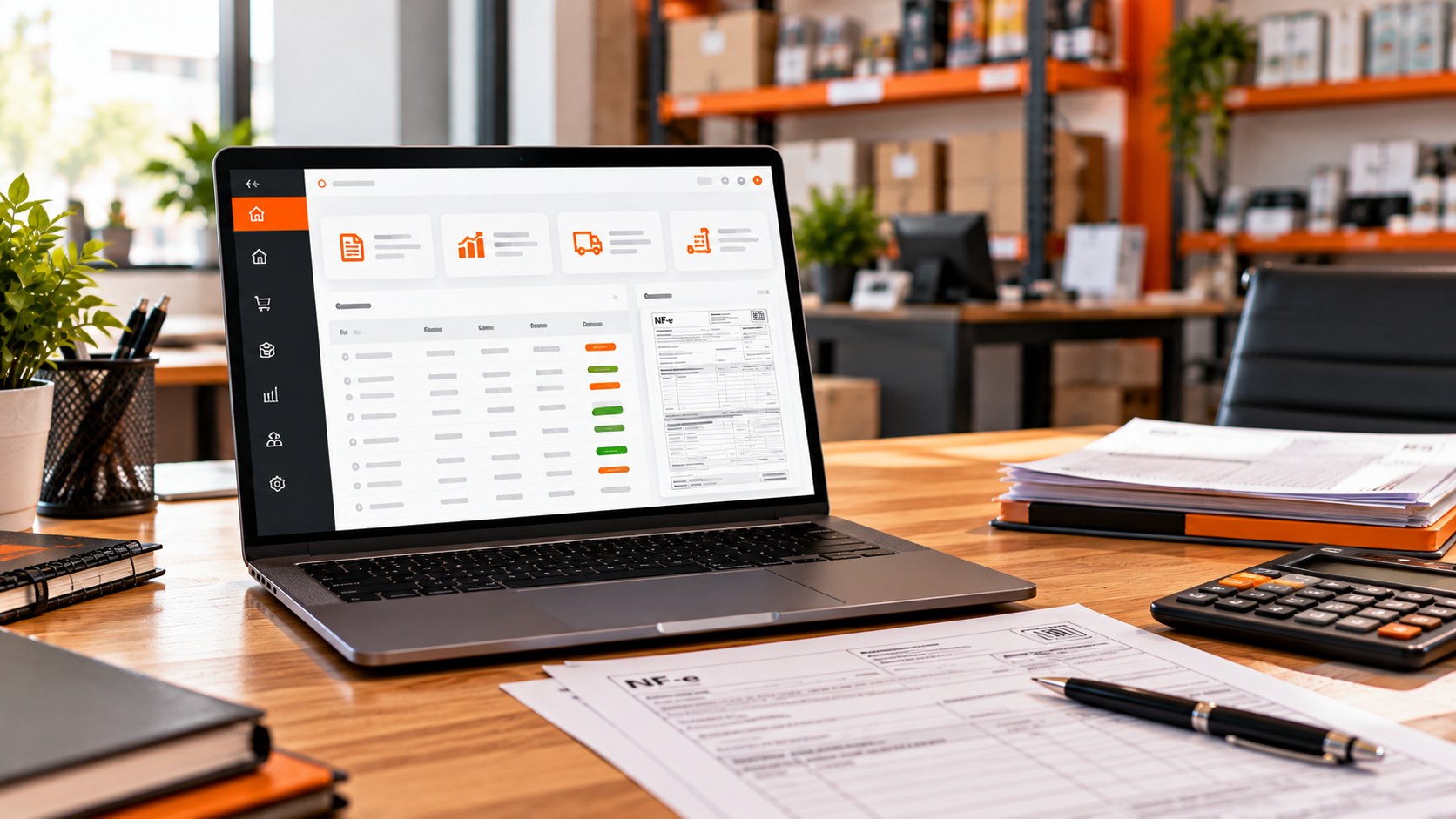 Notebook com painel de gestão e documento fiscal em escritório empresarial