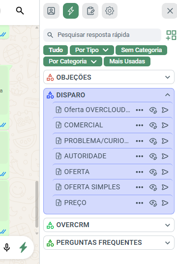 Tela de respostas rápidas do OverCRM